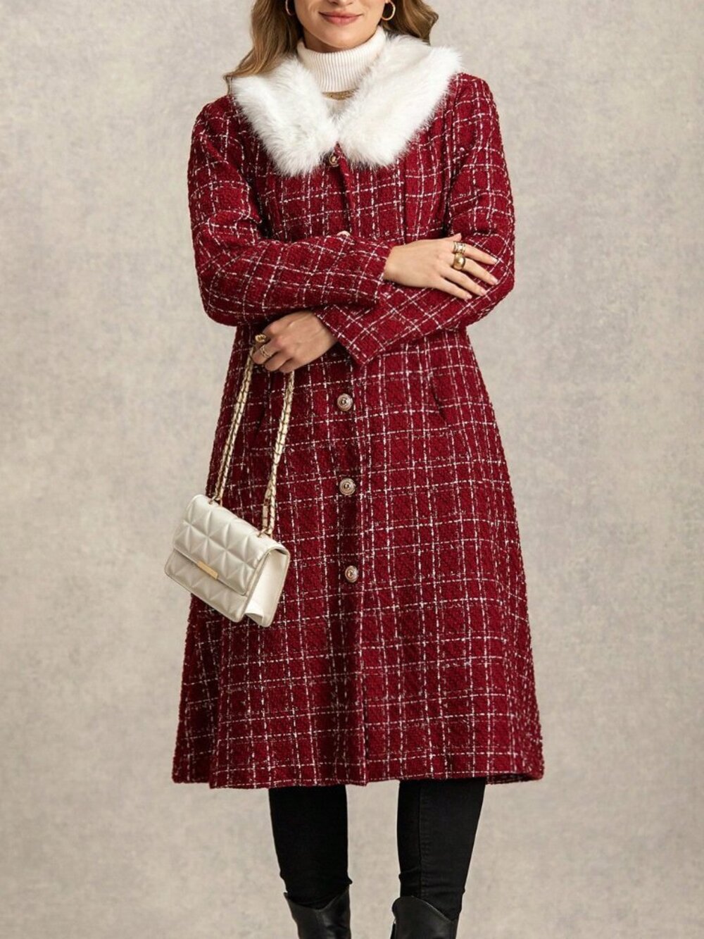 Red Elegant Women's Contrast Faux Fur Plaid Double-Breasted Midi Overcoat - Picture 5 of 8